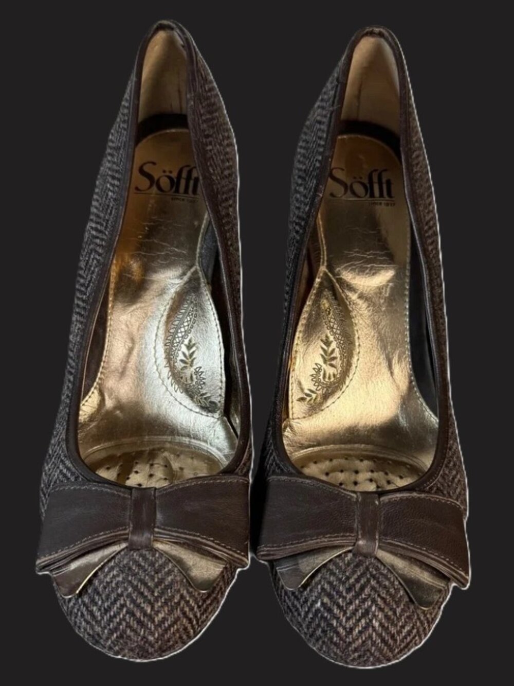 Sofft Women’s Brown Woven Mushroom Heels with Bows and Gold Passed Insoles Sz 9